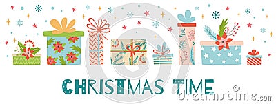 Christmas time horizontal banners presents gift boxes on white background Image Christmas New Year design vector Vector Illustration