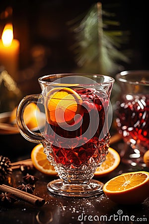 Christmas time, hot mulled wine in a glass, served rustically with lots of spices and lots of little lights on the table Stock Photo