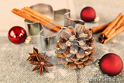 Christmas time - pinecone, gingerbread shape, Christmas balls Stock Photo