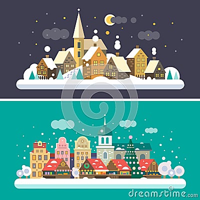 Christmas time. Urban and Village landscapes Vector Illustration