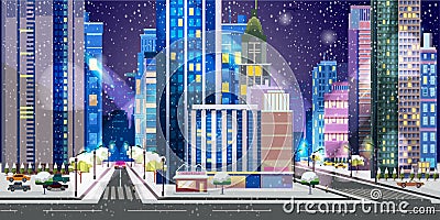 Christmas town illustration. Night City Background Vector Illustration