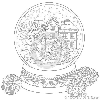 Christmas toy with cute snowman, house, pine cones. Vector Illustration