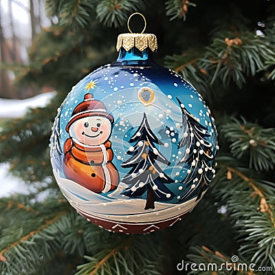 Christmas toy in the form of a snowman on a Christmas tree. Generative AI Stock Photo