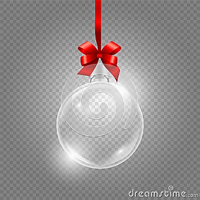 Christmas toy. Glass globe with red silk ribbon. Realistic vector glass ball isolated on transparent background Vector Illustration