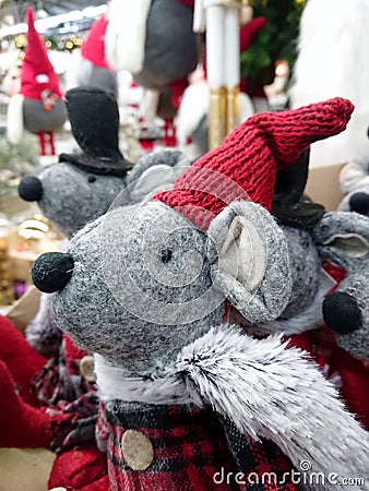 Christmas toy gray rat in a hat Stock Photo