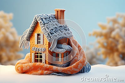 Christmas Toy house is wrapped in a warm scarf. Concept of winter, Christmas, new year, warm, cozy, loving, protecting Stock Photo