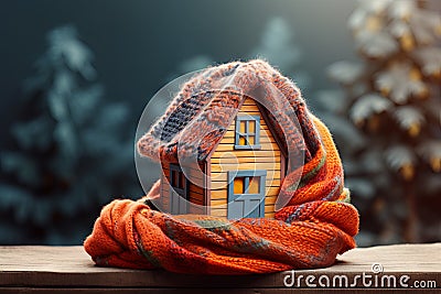 Christmas Toy house is wrapped in a warm scarf. Concept of winter, Christmas, new year, warm, cozy, loving, protecting Stock Photo