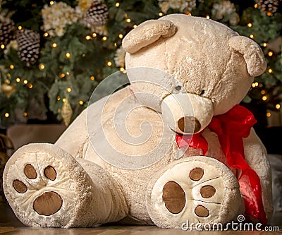 Christmas Toy; Large Stuffed Teddy Bear; Christmas Tree Stock Photo