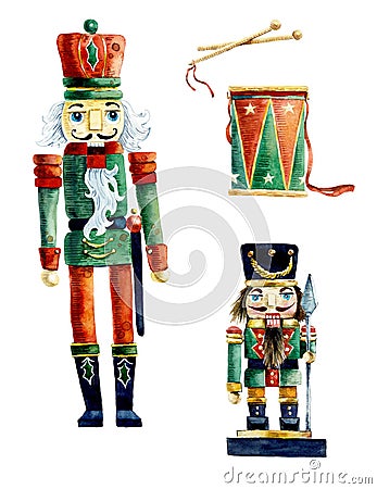 Christmas toy. Nutcracker from wood. Watercolor hand drawing illustration Stock Photo