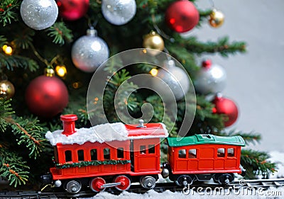 A Christmas Toy Train Under A Tree, With A Front Angle. Generative AI Stock Photo