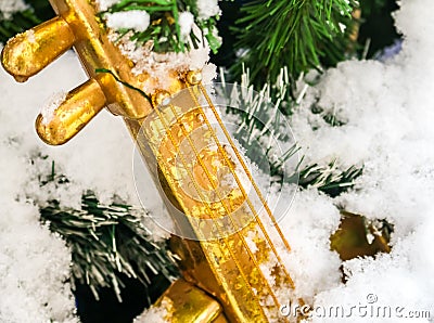 Christmas toy on the Christmas tree branch. Christmas in the city. Stock Photo