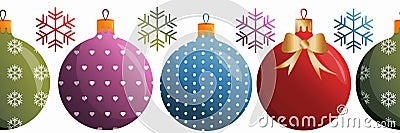 Christmas toys and decor seamless border frame clipart, balls illustration repeat pattern. Graphic Xmas glass print. Holiday Cartoon Illustration