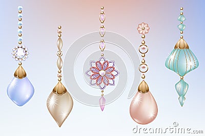 Christmas toys and decorations with pearls Festive jewelery with diamonds Vector Illustration