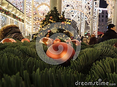 Christmas toys on fir branches Editorial Stock Photo