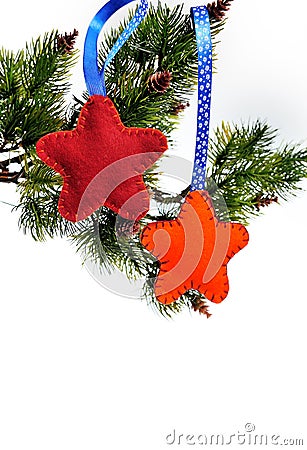 Christmas toys hanging on a Christmas tree on a white background Stock Photo