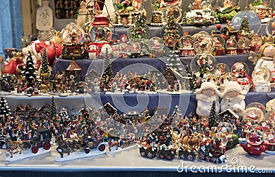 Christmas toys on Christmas market stall. Editorial Stock Photo