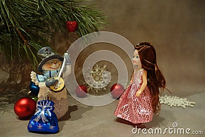 Christmas toys and pine branch. Postcard Stock Photo
