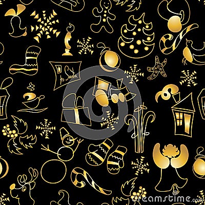 Christmas toys and stickers seamless pattern. golden ornated metallic objects on black. gift, deer, bell, gingerbread Vector Illustration