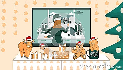 Christmas toys are on the TV table. TV set shows New Year movie. Bear, cat, deer, cow are in Santa hats. Cat is in the cup Vector Illustration