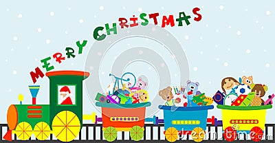 Christmas train driven by Santa full of toys. Merry Christmas card Vector Illustration