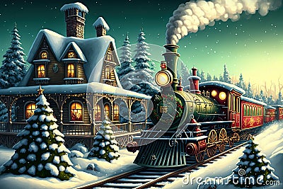 Christmas train going through village. Generative AI Cartoon Illustration