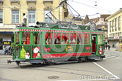 Christmas Tram in Basel old town. Editorial Stock Photo