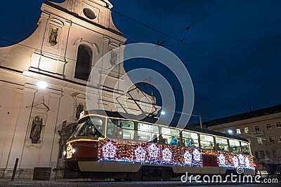 Christmas tram during advent in Brno Editorial Stock Photo