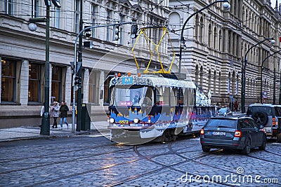 Christmas tram on the streets of Prague, Czech Republic, Prague, 12/05/2021 Editorial Stock Photo