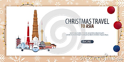 Christmas Travel to Asia. Winter travel. Vector illustration. Cartoon Illustration