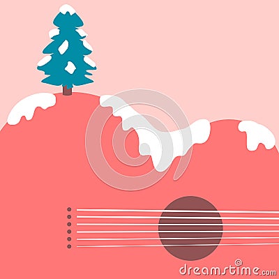 Christmas tree and acoustic guitar landscape Vector Illustration
