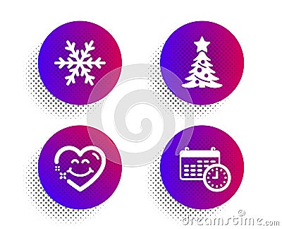 Christmas tree, Air conditioning and Smile face icons set. Calendar sign. Spruce, Snowflake, Love heart. Time. Vector Vector Illustration