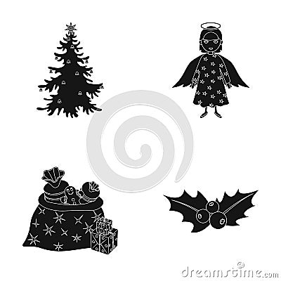 Christmas tree, angel, gifts and holly black icons in set collection for design. Christmas vector symbol stock web Vector Illustration