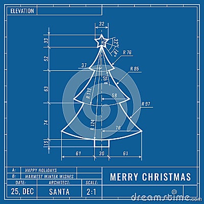 Christmas tree as technical blueprint drawing. Christmas technical concept. Mechanical engineering drawings. Christmas Vector Illustration