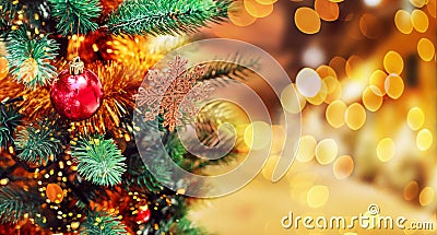 Christmas tree background and Christmas decorations with blurred, sparking, glowing. Happy New Year and Xmas Stock Photo