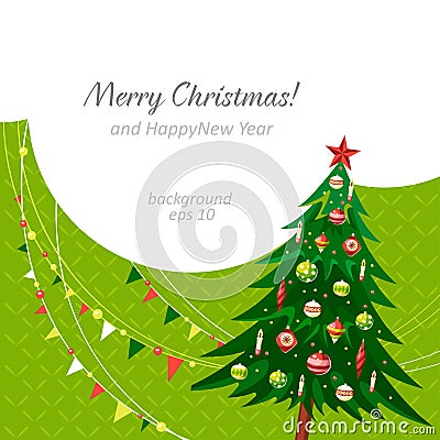 Christmas tree background green garlands merry christmas text Vector Illustration