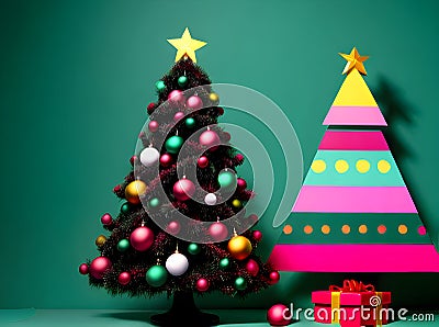 Christmas tree background knolling papercut vintage colors. Stock Photo