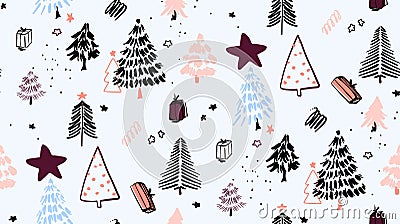Christmas tree background ornaments, Winter evegreen fir branch pine tree seamless geometric pattern. Doodle sketch simple art. Vector Illustration