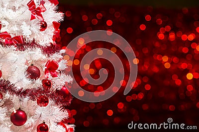 Christmas Tree Background, White Xmas Tree Red Defocused Lights Stock Photo