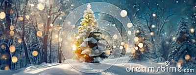 Christmas tree background in winter snowy coniferous forest with fairy landscape. Happy New Year panorama. Sunny weather Stock Photo