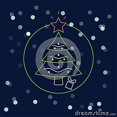 Christmas tree with ball, garland isolated on dark background. Merry xmas, happy new year concept. Vector cartoon neon design for Vector Illustration