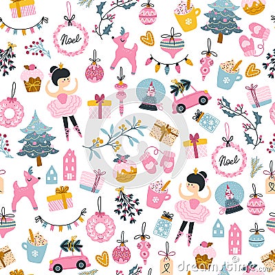 Christmas tree, ballerina, and gifts boxes seamless pattern. Holiday details Vector illustration in childish hand-drawn Cartoon Illustration