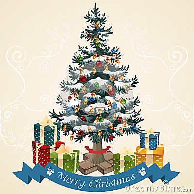 Christmas tree with balls, garland and gifts . Christmas card vector Vector Illustration