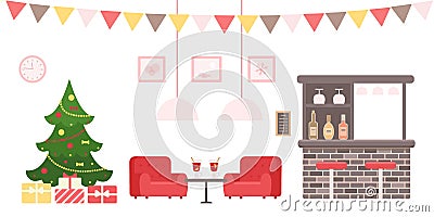 Christmas tree, bar counter, two cozy three-quarter armchairs Vector Illustration