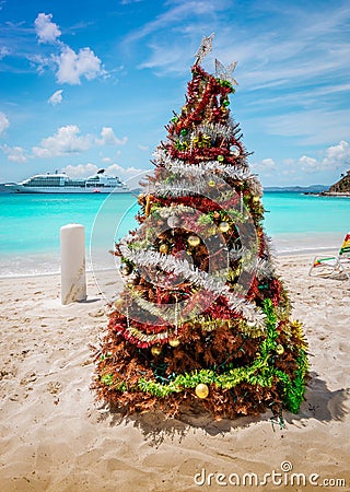 Christmas tree on the beach. Stock Photo