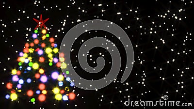 Illustration of a Christmas tree with beautiful illuminated, round, multicolored bokeh. On a black background with stars Stock Photo