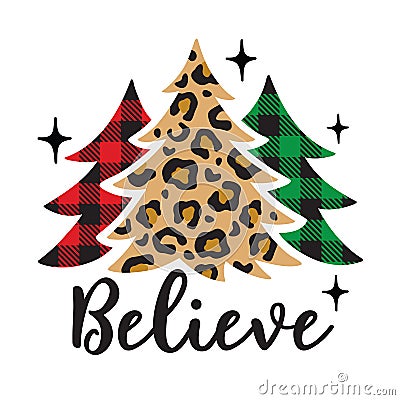 Christmas Trees with Leopard Print and Buffalo Plaid Patterns Vector Illustration