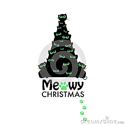 Christmas tree with black cat. ``Meowy Christmas`` text with paw prints. Happy new year greeting card Vector Illustration