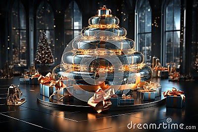 Christmas tree and blue gift boxes with golden bows in high tech style in interior. Generative AI Stock Photo