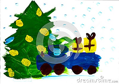 Christmas tree and blue truck with gifts, child drawing Stock Photo