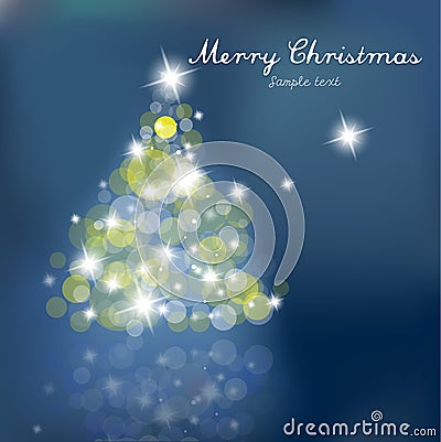 Christmas tree with blurred lights on blue background. Vector Illustration